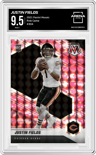 Justin Fields from the 2021 Panini Mosaic set featuring a Pink Camo parallel graded by Arena Club and given an overall grade of 9.5.