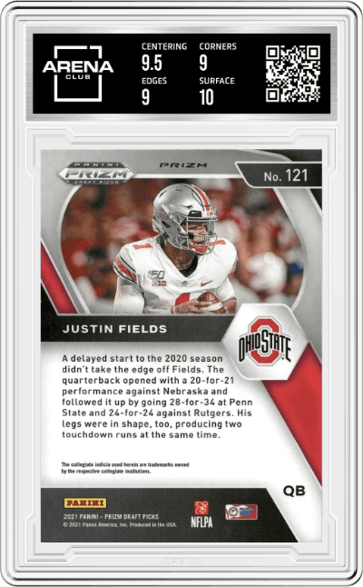 Justin Fields  from the 2021 Panini Prizm Draft Picks set featuring a Purple Wave Prizm parallel graded by Arena Club and given an overall grade of 9.5.