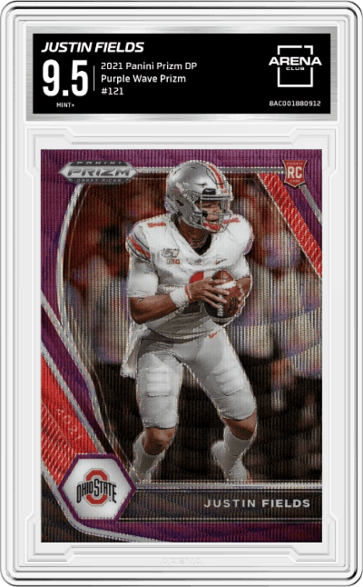Justin Fields  from the 2021 Panini Prizm Draft Picks set featuring a Purple Wave Prizm parallel graded by Arena Club and given an overall grade of 9.5.