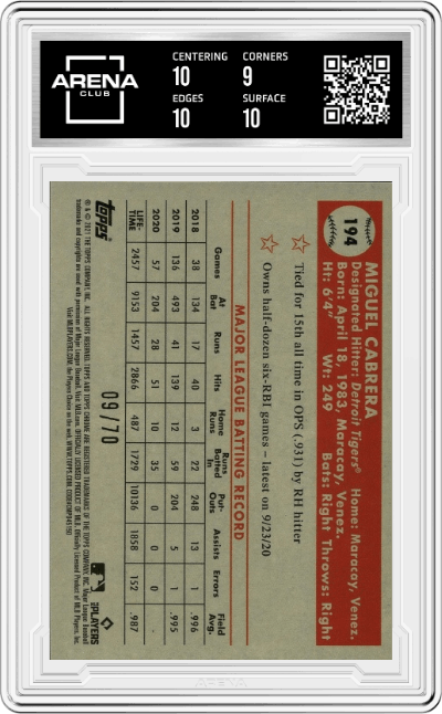 Miguel Cabrera from the 2021 Topps Chrome Platinum Anniversary set featuring a Refractor Platinum 70th Mini-Diamond parallel graded by Arena Club and given an overall grade of 9.5.