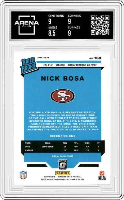 Nick Bosa from the 2019 Panini Donruss Optic set featuring a Pink parallel graded by Arena Club and given an overall grade of 9.