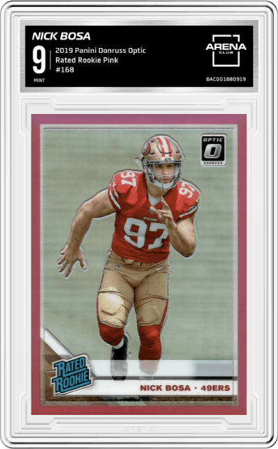 Nick Bosa from the 2019 Panini Donruss Optic set featuring a Pink parallel graded by Arena Club and given an overall grade of 9.