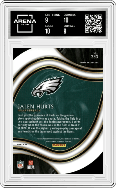 Jalen Hurts from the 2020 Panini Select set featuring a Die-Cut Red Prizm parallel graded by Arena Club and given an overall grade of 9.5.