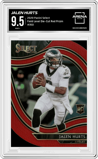 Jalen Hurts from the 2020 Panini Select set featuring a Die-Cut Red Prizm parallel graded by Arena Club and given an overall grade of 9.5.