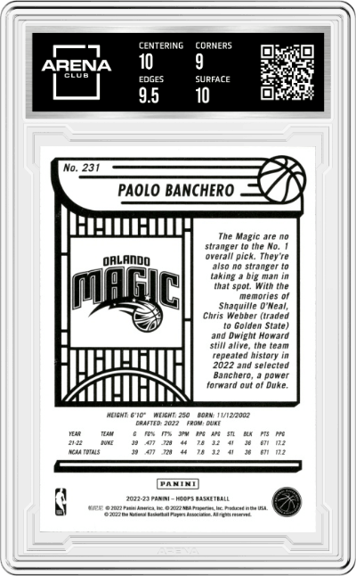 Paolo Banchero from the 2022-23 Panini NBA Hoops set graded by Arena Club and given an overall grade of 9.5.