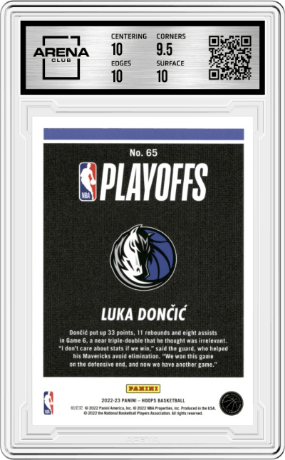 Luka Doncic from the 2022-23 Panini NBA Hoops set graded by Arena Club and given an overall grade of 10.