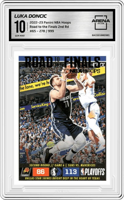 Luka Doncic from the 2022-23 Panini NBA Hoops set graded by Arena Club and given an overall grade of 10.