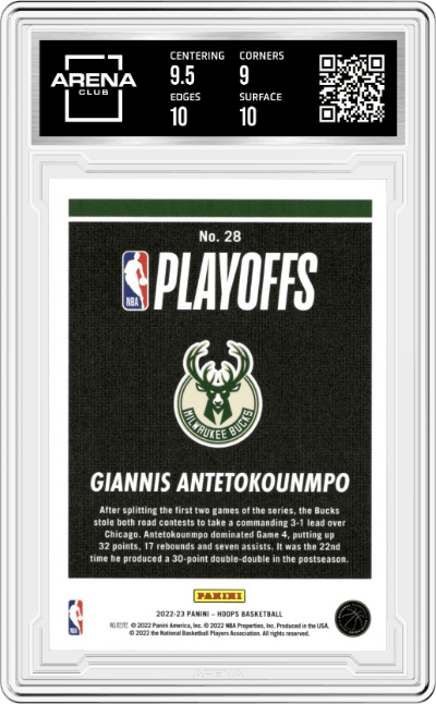 Giannis Antetokounmpo from the 2022-23 Panini NBA Hoops set graded by Arena Club and given an overall grade of 9.5.