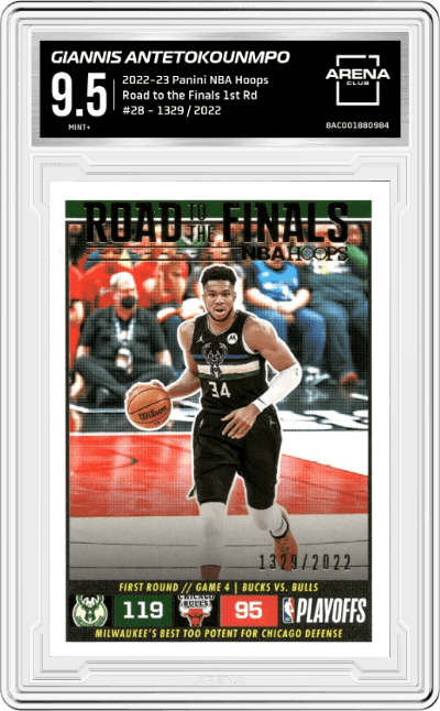 Giannis Antetokounmpo from the 2022-23 Panini NBA Hoops set graded by Arena Club and given an overall grade of 9.5.