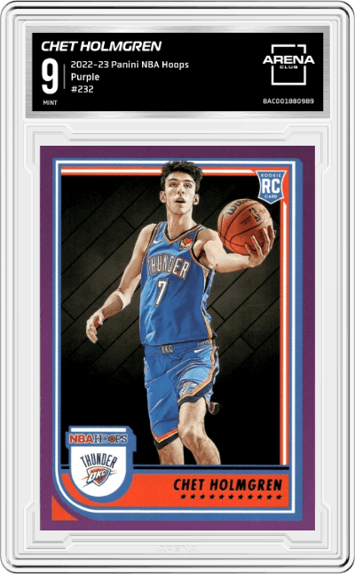 Chet Holmgren from the 2022-23 Panini NBA Hoops set featuring a Purple parallel graded by Arena Club and given an overall grade of 9.