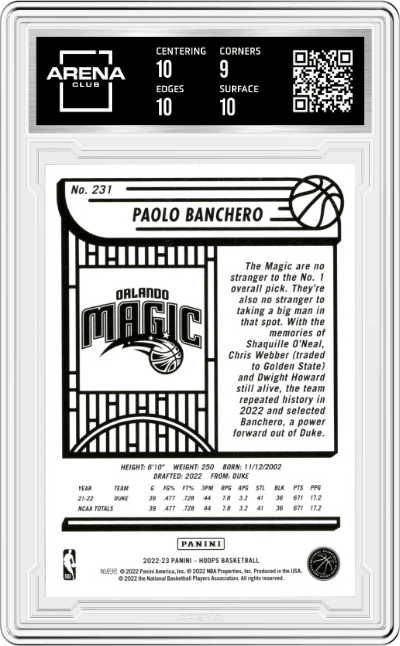 Paolo Banchero from the 2022-23 Panini NBA Hoops set graded by Arena Club and given an overall grade of 9.5.