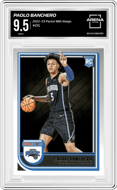 Paolo Banchero from the 2022-23 Panini NBA Hoops set graded by Arena Club and given an overall grade of 9.5.