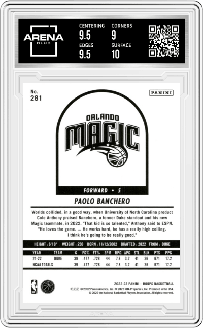 Paolo Banchero from the 2022-23 Panini NBA Hoops set graded by Arena Club and given an overall grade of 9.5.