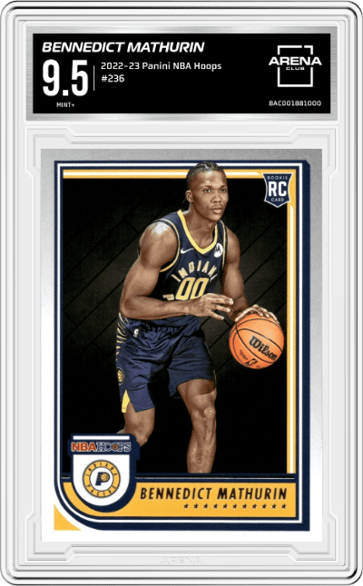 Bennedict Mathurin from the 2022-23 Panini NBA Hoops set graded by Arena Club and given an overall grade of 9.5.