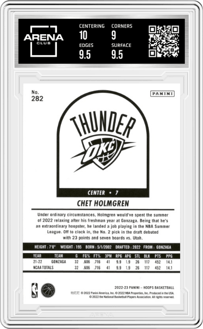 Chet Holmgren from the 2022-23 Panini NBA Hoops set graded by Arena Club and given an overall grade of 9.5.