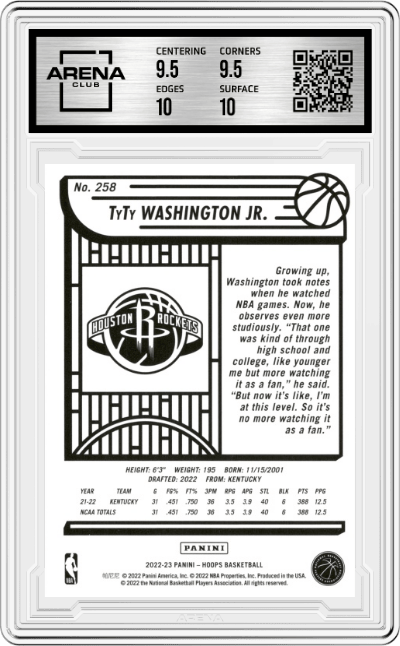 TyTy Washington Jr. from the 2022-23 Panini NBA Hoops set featuring a Silver  parallel graded by Arena Club and given an overall grade of 10.
