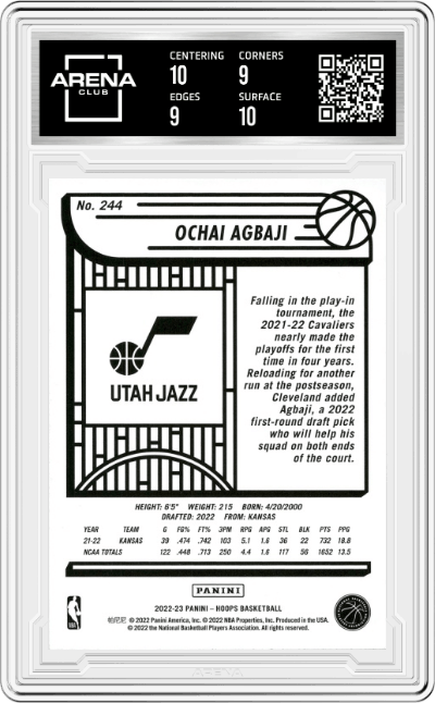 Ochai Agbaji from the 2022-23 Panini NBA Hoops set graded by Arena Club and given an overall grade of 9.5.