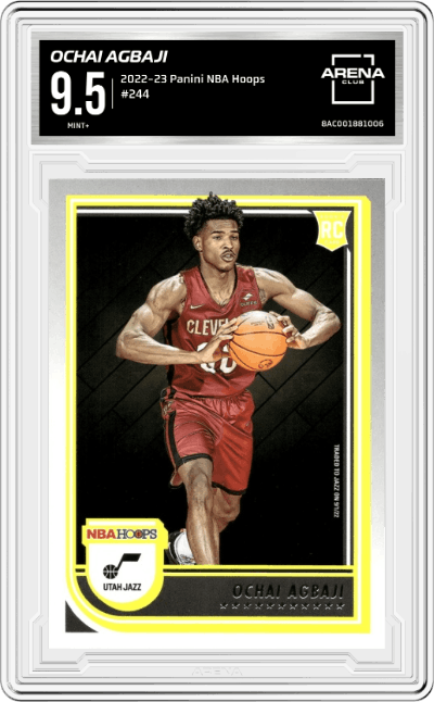 Ochai Agbaji from the 2022-23 Panini NBA Hoops set graded by Arena Club and given an overall grade of 9.5.