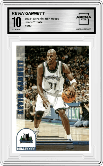 Kevin Garnett from the 2022-23 Panini NBA Hoops set graded by Arena Club and given an overall grade of 10.