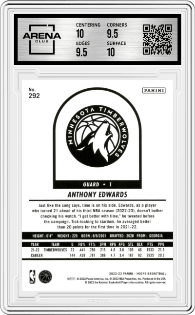 Anthony Edwards from the 2022-23 Panini NBA Hoops set graded by Arena Club and given an overall grade of 10.