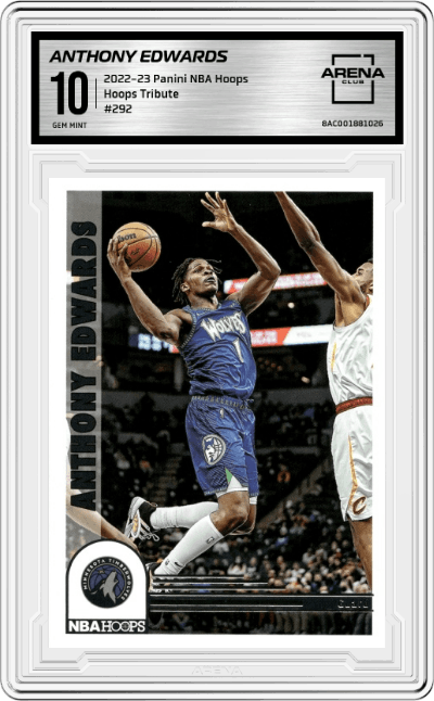 Anthony Edwards from the 2022-23 Panini NBA Hoops set graded by Arena Club and given an overall grade of 10.