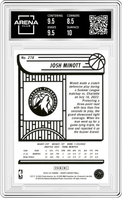 Josh Minott from the 2022-23 Panini NBA Hoops set graded by Arena Club and given an overall grade of 9.
