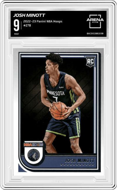 Josh Minott from the 2022-23 Panini NBA Hoops set graded by Arena Club and given an overall grade of 9.
