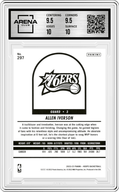 Allen Iverson from the 2022-23 Panini NBA Hoops set graded by Arena Club and given an overall grade of 10.