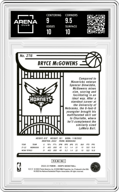 Bryce McGowens from the 2022-23 Panini NBA Hoops set graded by Arena Club and given an overall grade of 9.5.