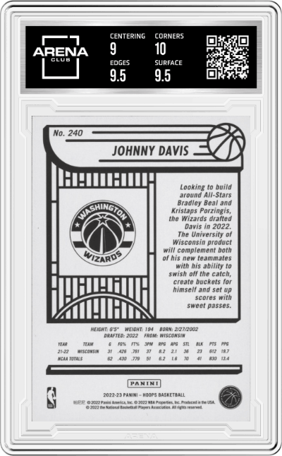 Johnny Davis from the 2022-23 Panini NBA Hoops set graded by Arena Club and given an overall grade of 9.5.