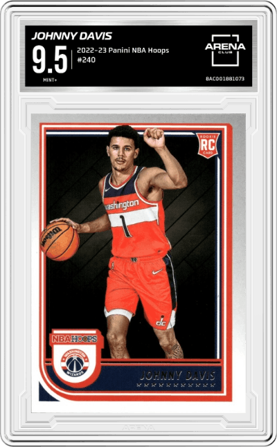Johnny Davis from the 2022-23 Panini NBA Hoops set graded by Arena Club and given an overall grade of 9.5.