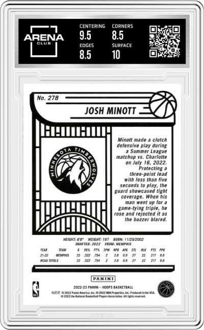 Josh Minott from the 2022-23 Panini NBA Hoops set graded by Arena Club and given an overall grade of 9.