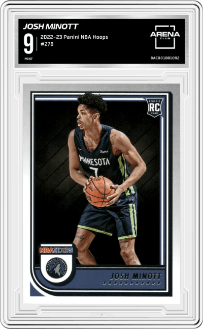 Josh Minott from the 2022-23 Panini NBA Hoops set graded by Arena Club and given an overall grade of 9.