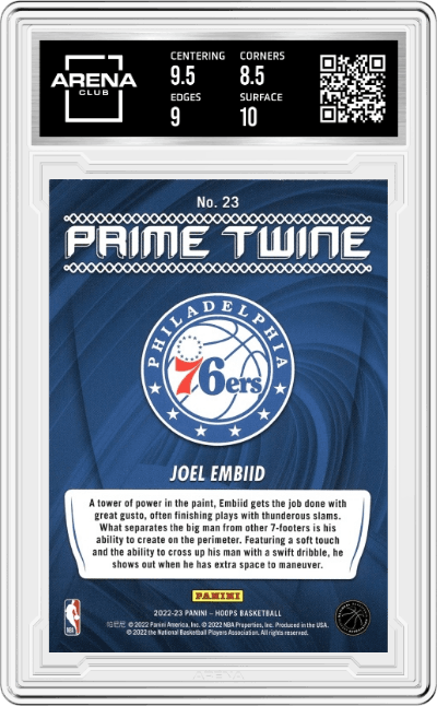 Joel Embiid from the 2022-23 Panini NBA Hoops set graded by Arena Club and given an overall grade of 9.