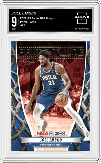 Joel Embiid from the 2022-23 Panini NBA Hoops set graded by Arena Club and given an overall grade of 9.