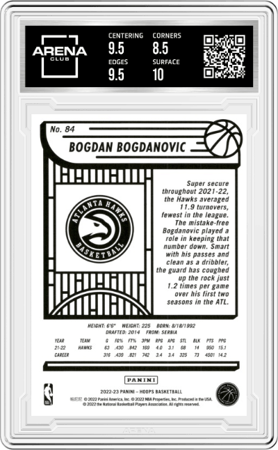 Bogdan Bogdanovic from the 2022-23 Panini NBA Hoops set featuring a Purple parallel graded by Arena Club and given an overall grade of 9.