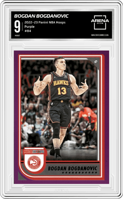 Bogdan Bogdanovic from the 2022-23 Panini NBA Hoops set featuring a Purple parallel graded by Arena Club and given an overall grade of 9.