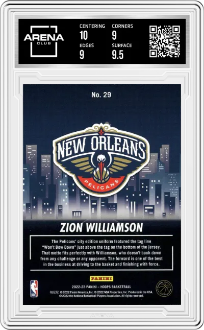 Zion Williamson from the 2022-23 Panini NBA Hoops set graded by Arena Club and given an overall grade of 9.5.