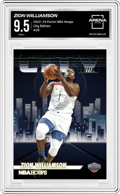 Zion Williamson from the 2022-23 Panini NBA Hoops set graded by Arena Club and given an overall grade of 9.5.