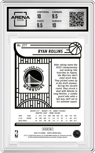 Ryan Rollins from the 2022-23 Panini NBA Hoops set graded by Arena Club and given an overall grade of 10.