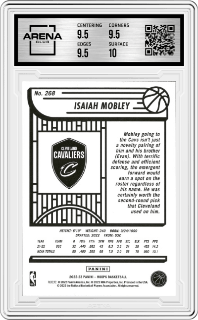 Isaiah Mobley from the 2022-23 Panini NBA Hoops set graded by Arena Club and given an overall grade of 10.