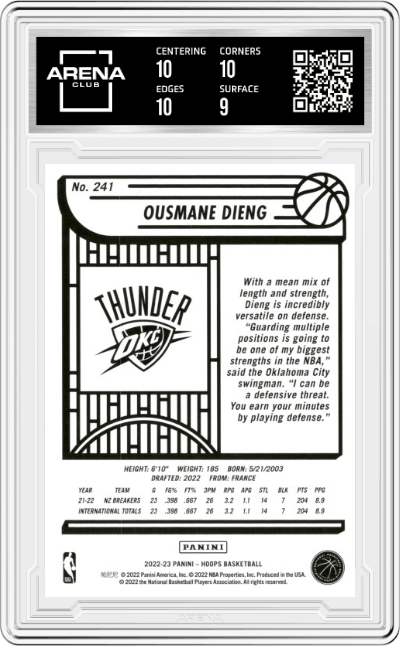 Ousmane Dieng from the 2022-23 Panini NBA Hoops set graded by Arena Club and given an overall grade of 9.5.