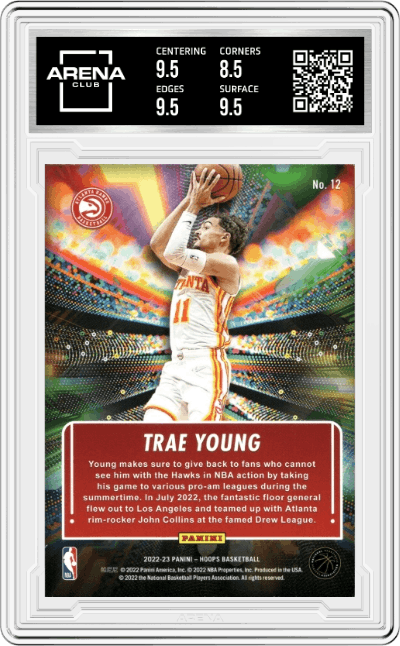 Trae Young from the 2022-23 Panini NBA Hoops set graded by Arena Club and given an overall grade of 9.
