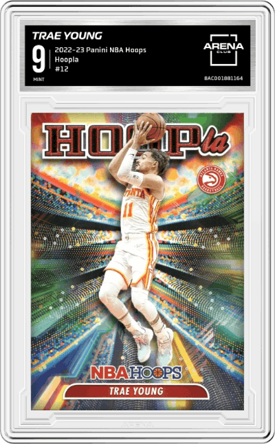 Trae Young from the 2022-23 Panini NBA Hoops set graded by Arena Club and given an overall grade of 9.