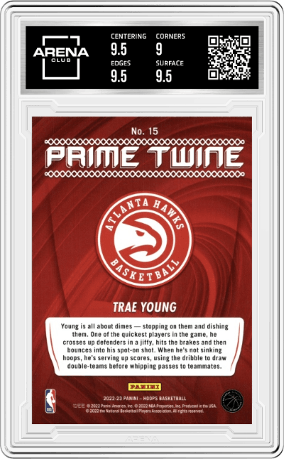 Trae Young from the 2022-23 Panini NBA Hoops set graded by Arena Club and given an overall grade of 9.5.