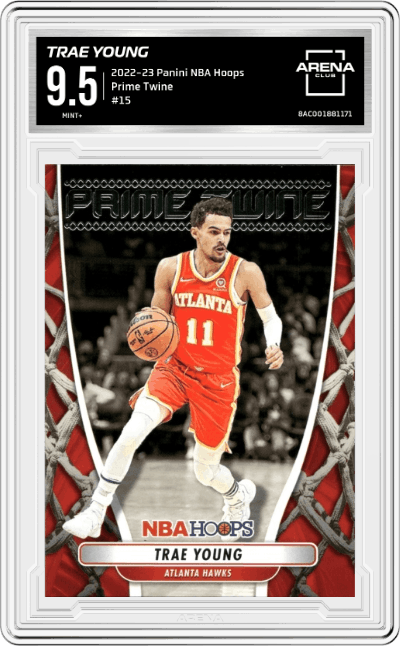 Trae Young from the 2022-23 Panini NBA Hoops set graded by Arena Club and given an overall grade of 9.5.