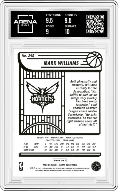 Mark Williams from the 2022-23 Panini NBA Hoops set graded by Arena Club and given an overall grade of 9.5.
