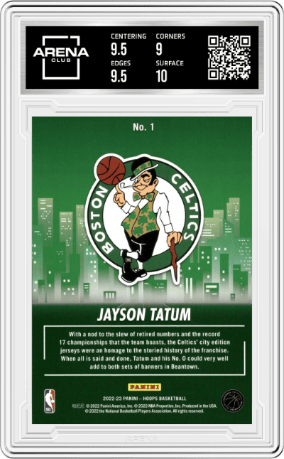 Jayson Tatum from the 2022-23 Panini NBA Hoops set graded by Arena Club and given an overall grade of 9.5.