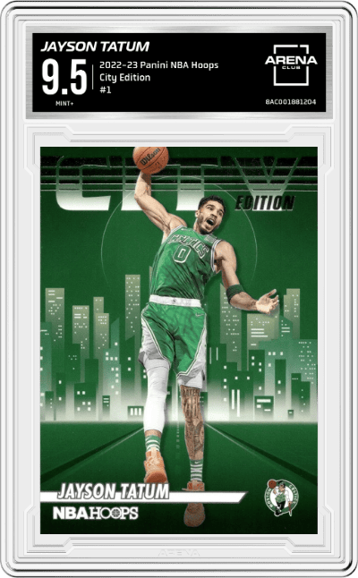 Jayson Tatum from the 2022-23 Panini NBA Hoops set graded by Arena Club and given an overall grade of 9.5.
