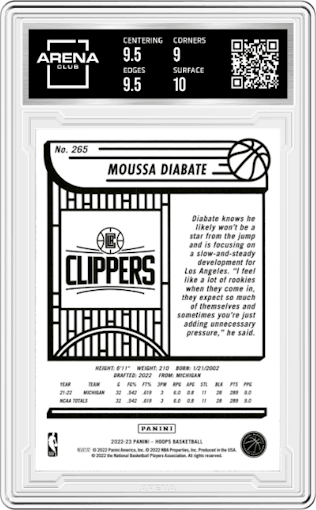 Moussa Diabate from the 2022-23 Panini NBA Hoops set graded by Arena Club and given an overall grade of 9.5.